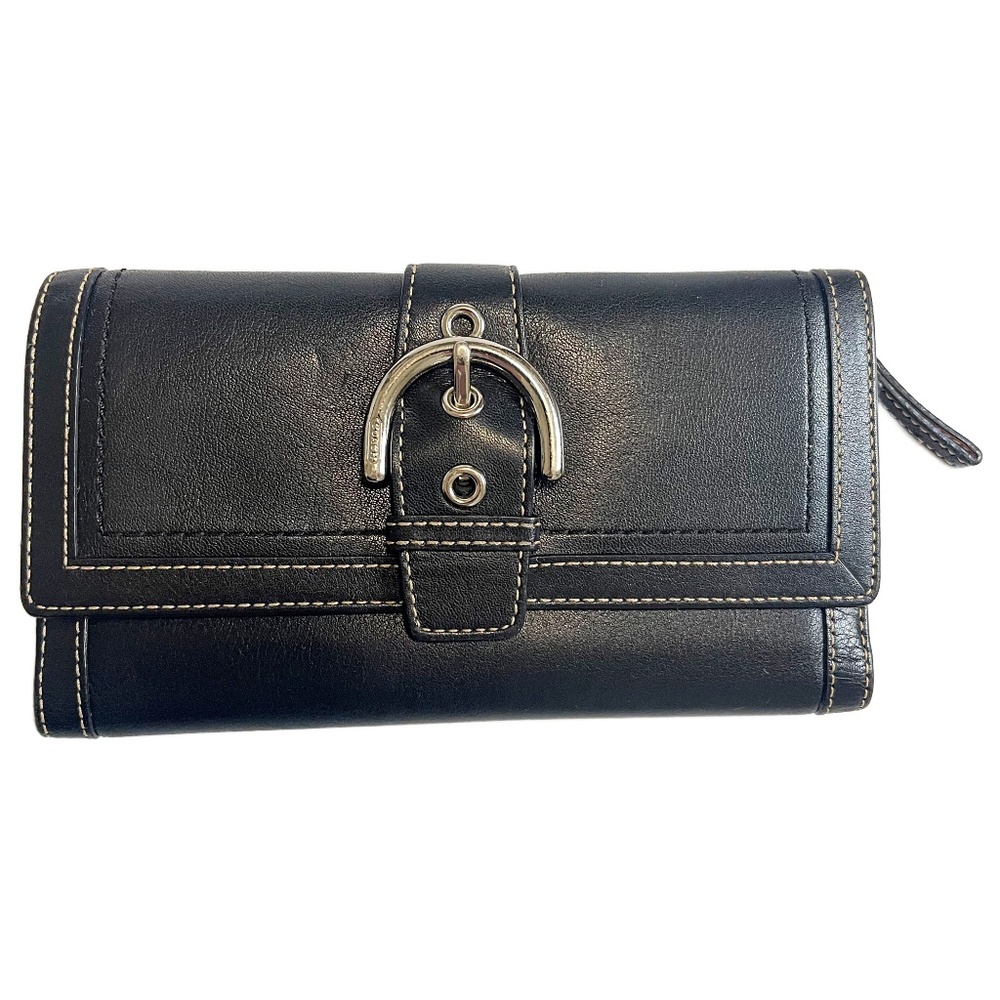 Vintage Y2K Coach Black Leather Soho Classic Buckle Wallet with Check Cover